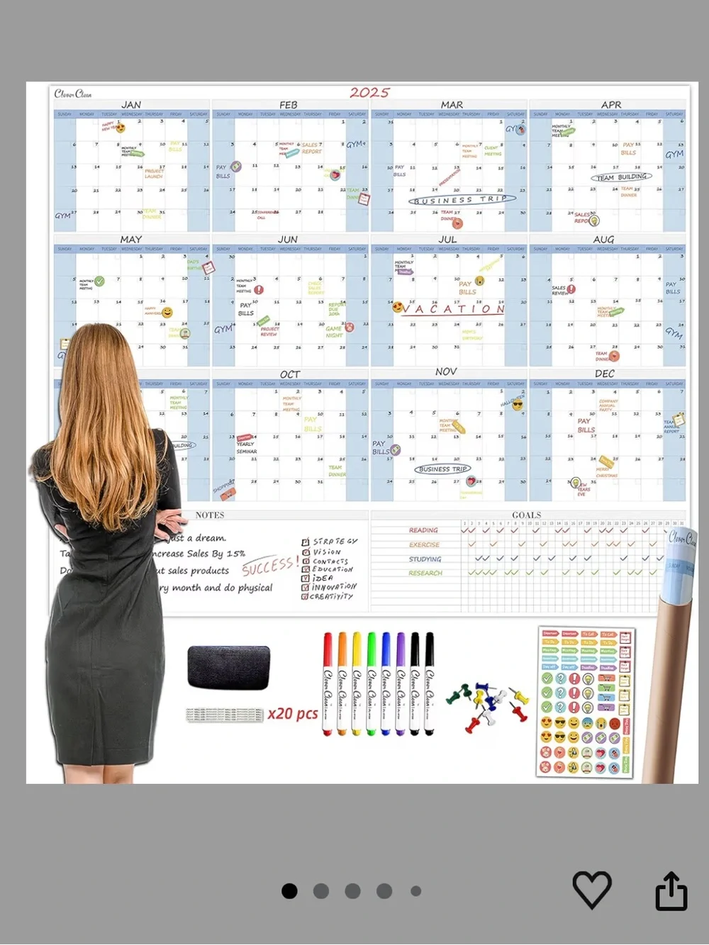 Clever Clean large dry erase wall calendar 48'' x 58” with accessories!
